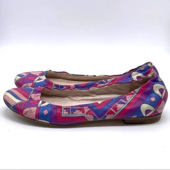 Emilio Pucci Colorful Leather Ballet Flats Italian Womens Size 36 Abstract Print