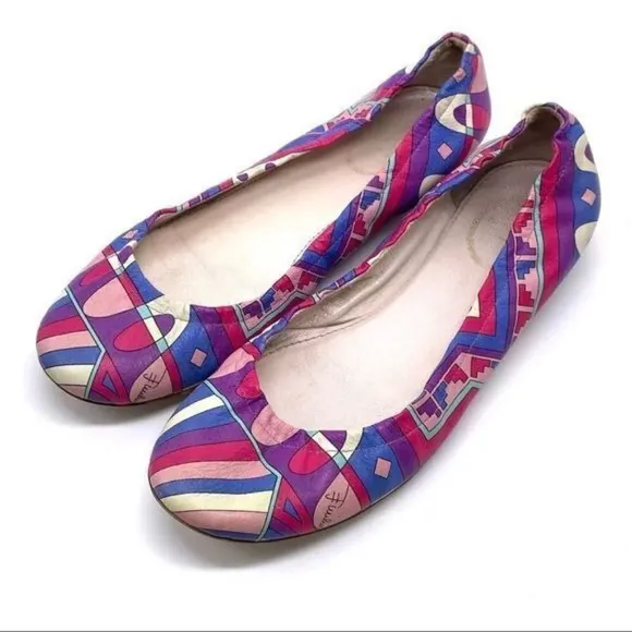 Emilio Pucci Colorful Leather Ballet Flats Italian Womens Size 36 Abstract Print