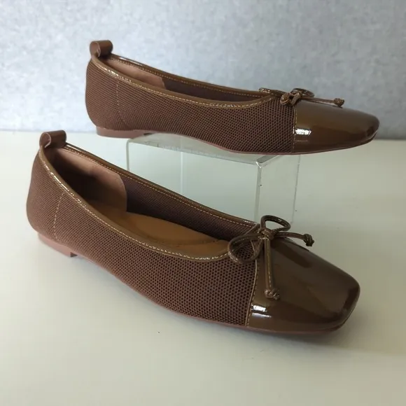Eric Javits Parris Caffe Leather Mesh Ballet Flats Shoes Bow Square Womens 7.5