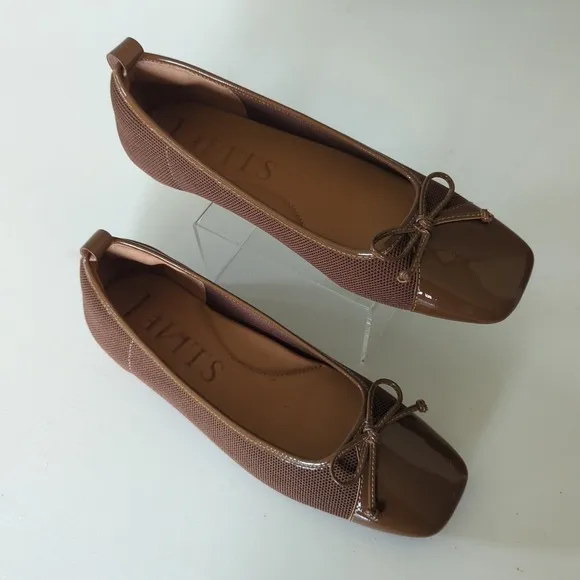 Eric Javits Parris Caffe Leather Mesh Ballet Flats Shoes Bow Square Womens 7.5