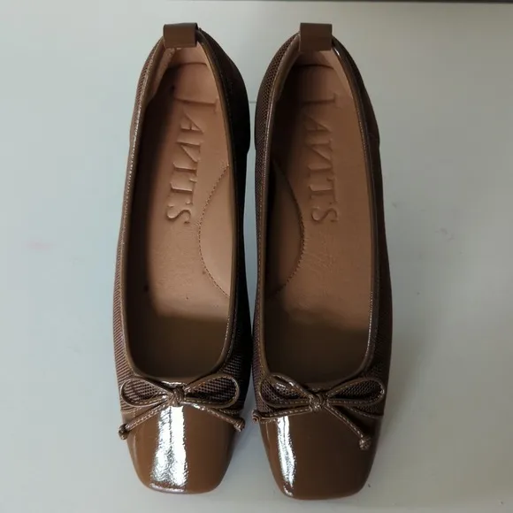 Eric Javits Parris Caffe Leather Mesh Ballet Flats Shoes Bow Square Womens 7.5