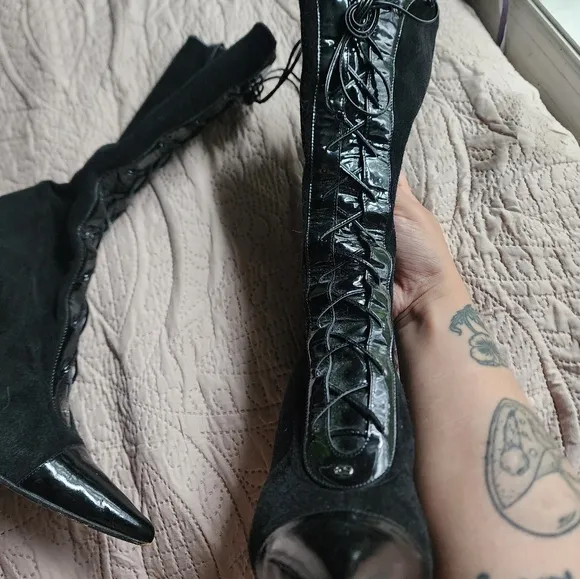 Escada Leather And Latex Lace Up Boots