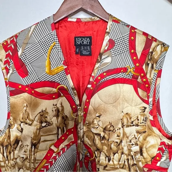 Escada Sport Equestrian Quilted Vest Red Polo Horse Vintage Jockey SZ Medium