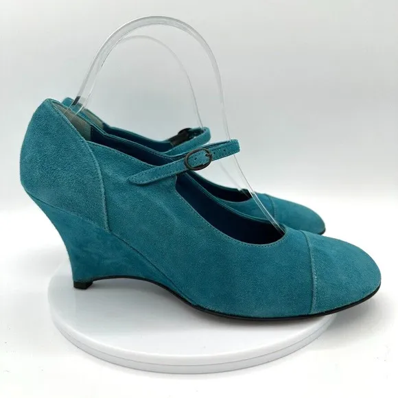 ESPACE by Robert Clergerie Wedge Mary Janes Heels Womens 8.5 Teal Suede Retro