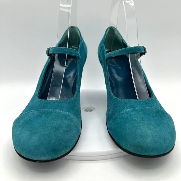 ESPACE by Robert Clergerie Wedge Mary Janes Heels Womens 8.5 Teal Suede Retro
