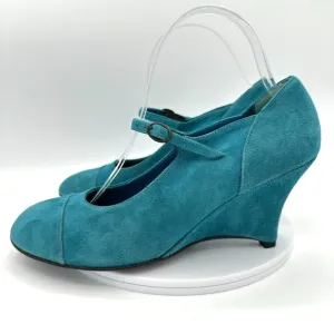 ESPACE by Robert Clergerie Wedge Mary Janes Heels Womens 8.5 Teal Suede Retro