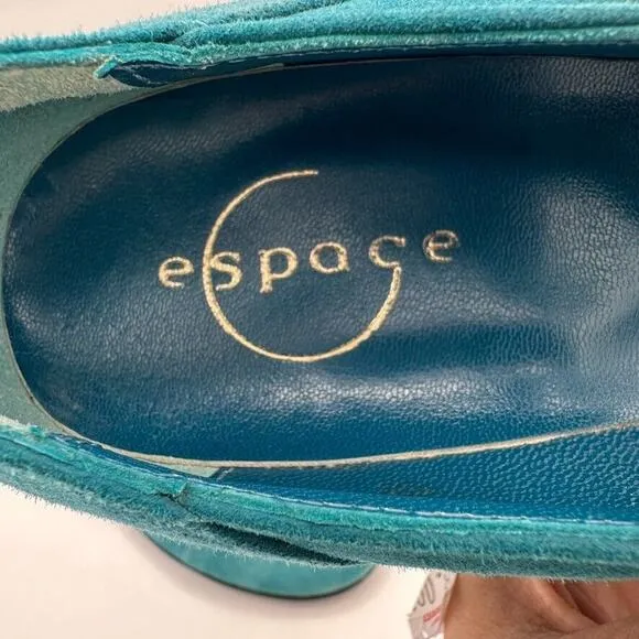 ESPACE by Robert Clergerie Wedge Mary Janes Heels Womens 8.5 Teal Suede Retro
