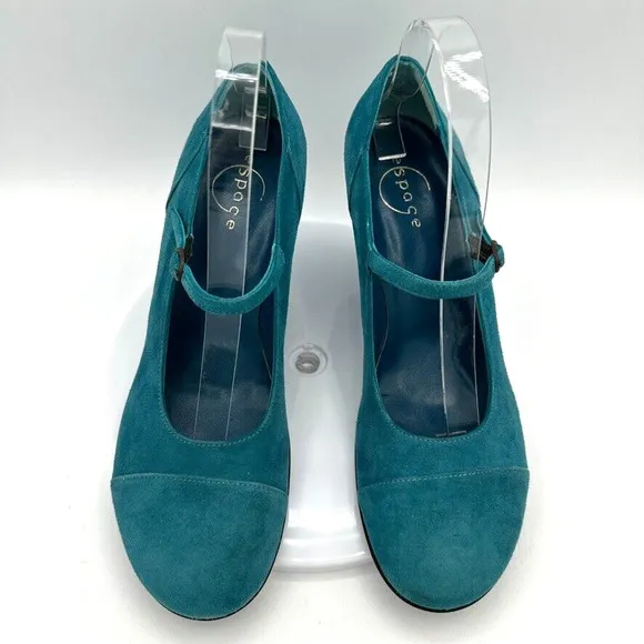 ESPACE by Robert Clergerie Wedge Mary Janes Heels Womens 8.5 Teal Suede Retro