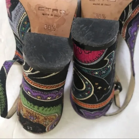 ETRO Milano Paisley Logo Floral Sling Back Block Heel Slide Slipon Shoes Sandals