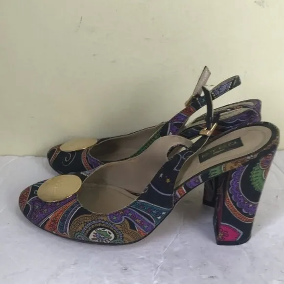 ETRO Milano Paisley Logo Floral Sling Back Block Heel Slide Slipon Shoes Sandals