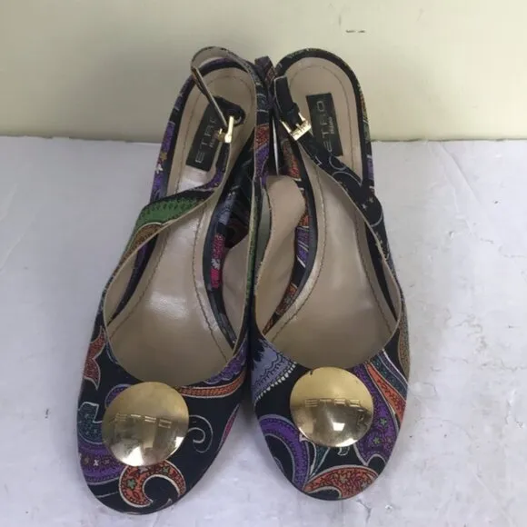ETRO Milano Paisley Logo Floral Sling Back Block Heel Slide Slipon Shoes Sandals