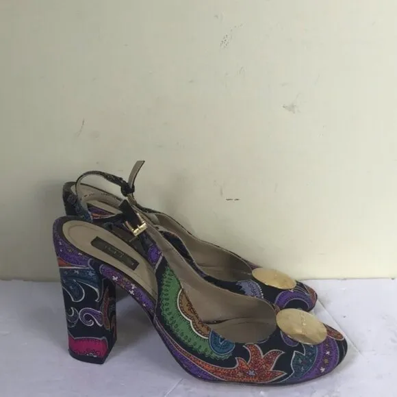 ETRO Milano Paisley Logo Floral Sling Back Block Heel Slide Slipon Shoes Sandals