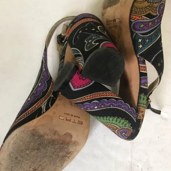 ETRO Milano Paisley Logo Floral Sling Back Block Heel Slide Slipon Shoes Sandals