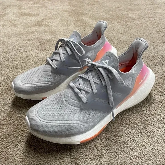 EUC Adidas Ultraboost 21 Shoes Grey Two /Grey Two /Screaming Orange FY0397