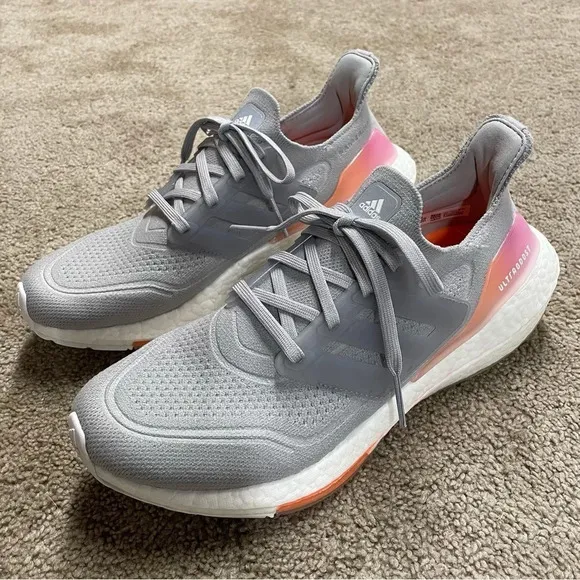 EUC Adidas Ultraboost 21 Shoes Grey Two /Grey Two /Screaming Orange FY0397