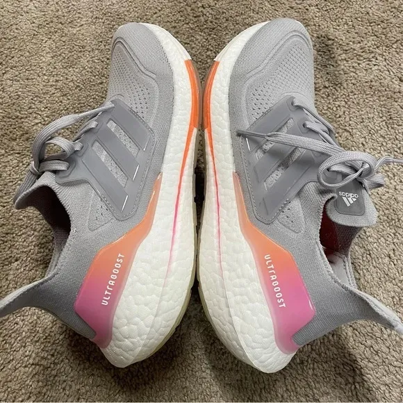 EUC Adidas Ultraboost 21 Shoes Grey Two /Grey Two /Screaming Orange FY0397