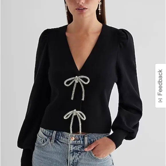 Express -viral ✨Holidays✨black embellished rhinestone bow front sweater cardigan