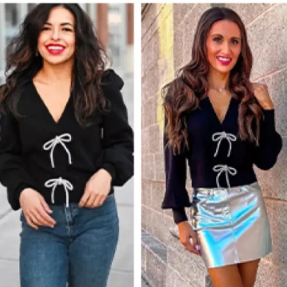 Express -viral ✨Holidays✨black embellished rhinestone bow front sweater cardigan