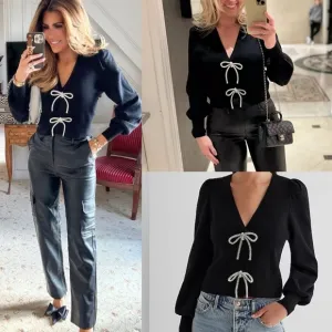 Express -viral ✨Holidays✨black embellished rhinestone bow front sweater cardigan