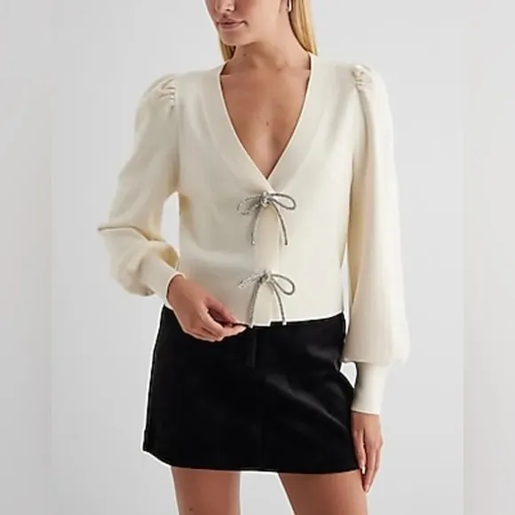 Express -viral ✨Holidays✨black embellished rhinestone bow front sweater cardigan