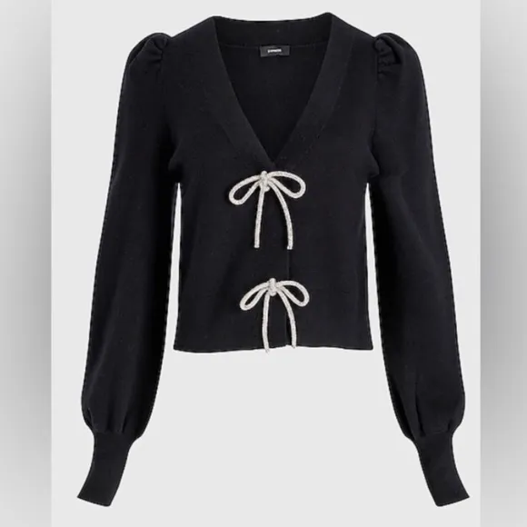 Express -viral ✨Holidays✨black embellished rhinestone bow front sweater cardigan