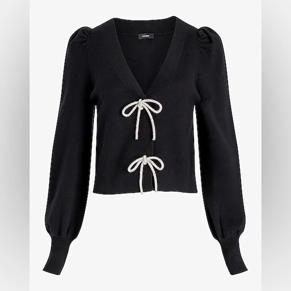 Express -viral ✨Holidays✨black embellished rhinestone bow front sweater cardigan