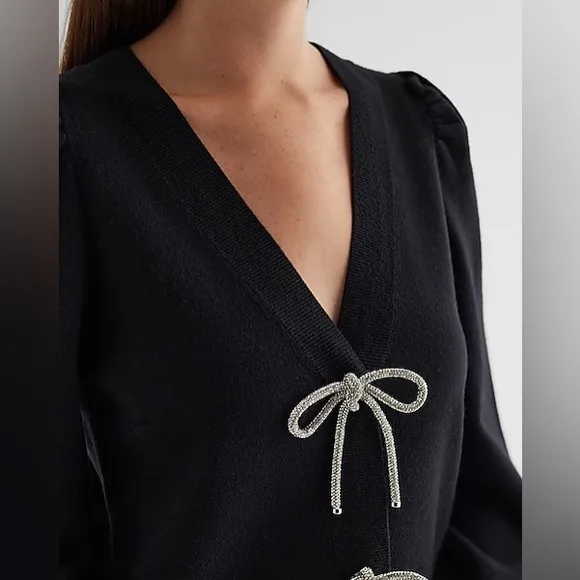 Express -viral ✨Holidays✨black embellished rhinestone bow front sweater cardigan