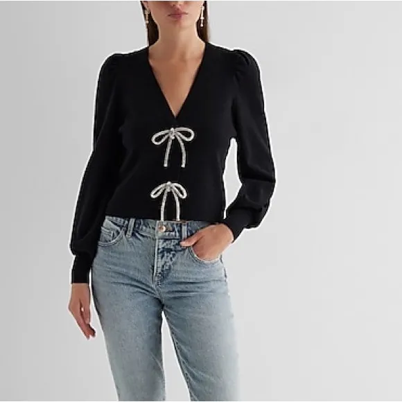 Express -viral ✨Holidays✨black embellished rhinestone bow front sweater cardigan