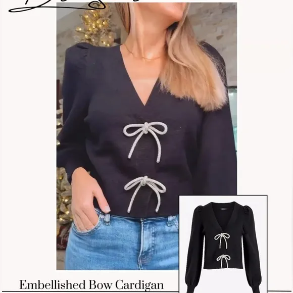 Express -viral ✨Holidays✨black embellished rhinestone bow front sweater cardigan