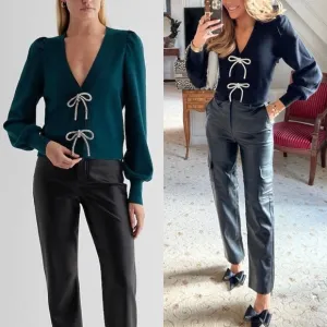 Express -viral ✨Holidays✨emerald green embellished bow front sweater cardigan