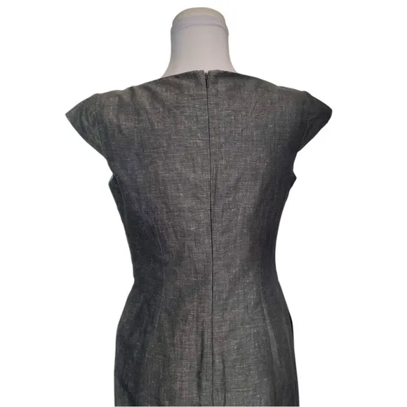 Façonnable Linen Cotton Blend Sheath Midi Dress Size 6 Gray Textured Cap Sleeve