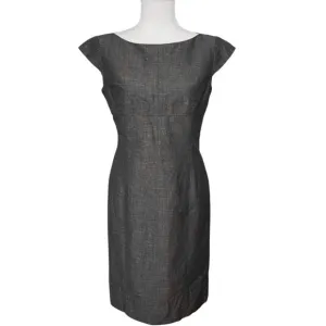 Façonnable Linen Cotton Blend Sheath Midi Dress Size 6 Gray Textured Cap Sleeve