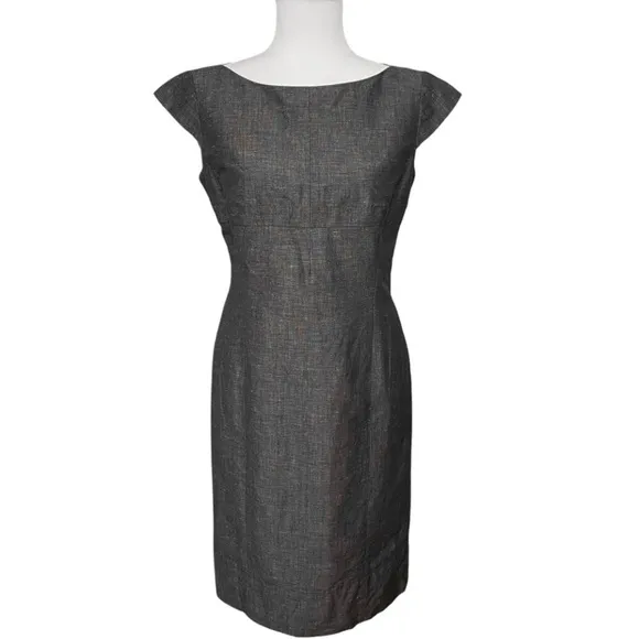 Façonnable Linen Cotton Blend Sheath Midi Dress Size 6 Gray Textured Cap Sleeve