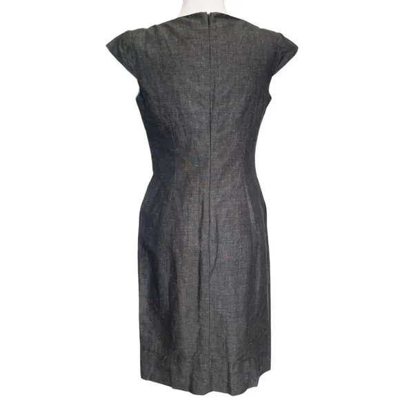 Façonnable Linen Cotton Blend Sheath Midi Dress Size 6 Gray Textured Cap Sleeve