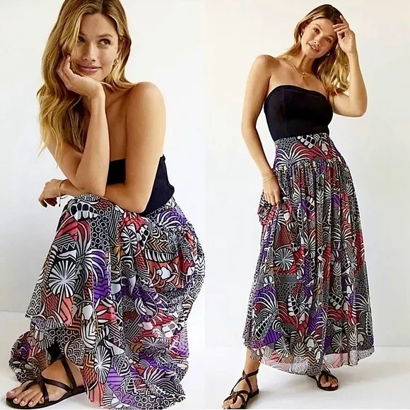 FARM RIO Tropical Graphic Floral Print Tulle A-Line Pleated Full Maxi Skirt XS