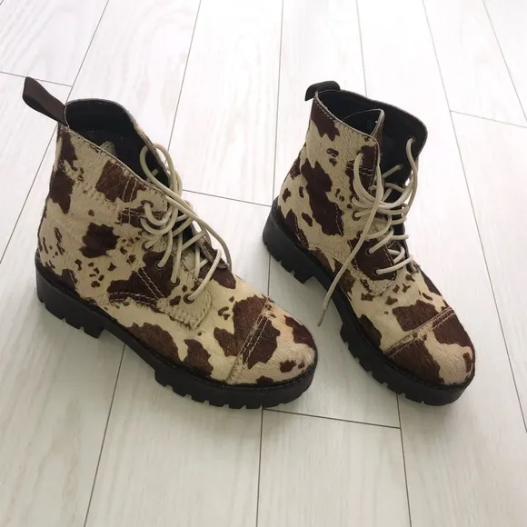 Faux cowhide platform combat boots