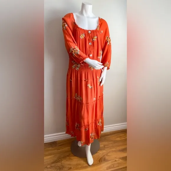 Fig &amp; Flower Anthropologie Orange Embroidered Floral Cottage Boho Midi Dress L