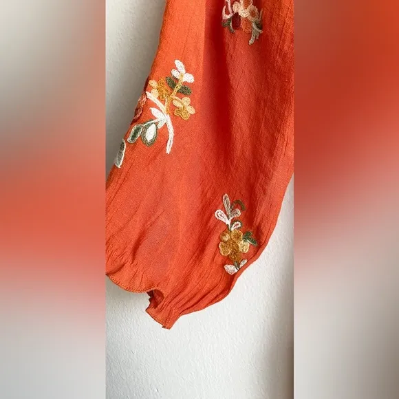 Fig &amp; Flower Anthropologie Orange Embroidered Floral Cottage Boho Midi Dress L