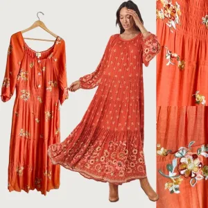 Fig &amp; Flower Anthropologie Orange Embroidered Floral Cottage Boho Midi Dress L