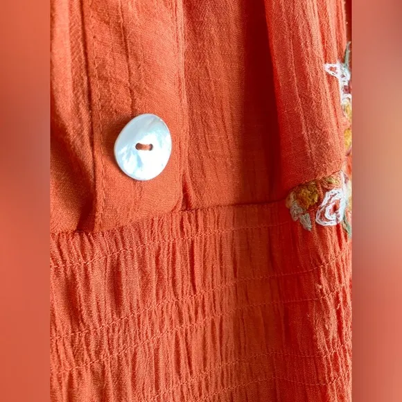 Fig &amp; Flower Anthropologie Orange Embroidered Floral Cottage Boho Midi Dress L