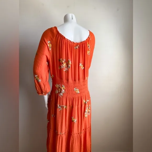 Fig &amp; Flower Anthropologie Orange Embroidered Floral Cottage Boho Midi Dress L