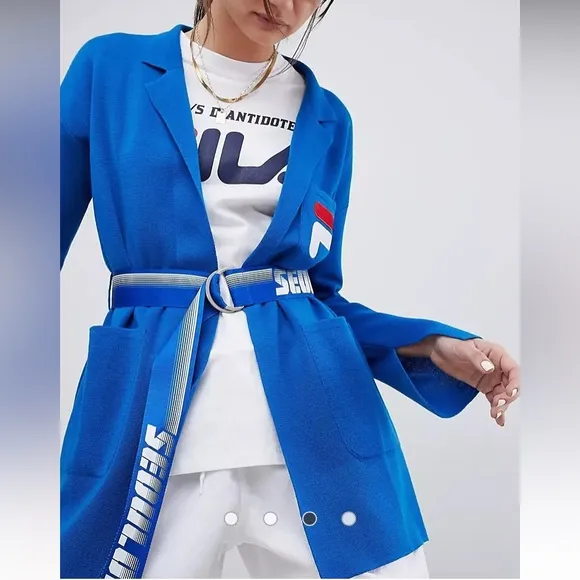 FILA D-ANTIDOTE Wool Blue Cardigan Soft Knit Blazer Seoul London Belt