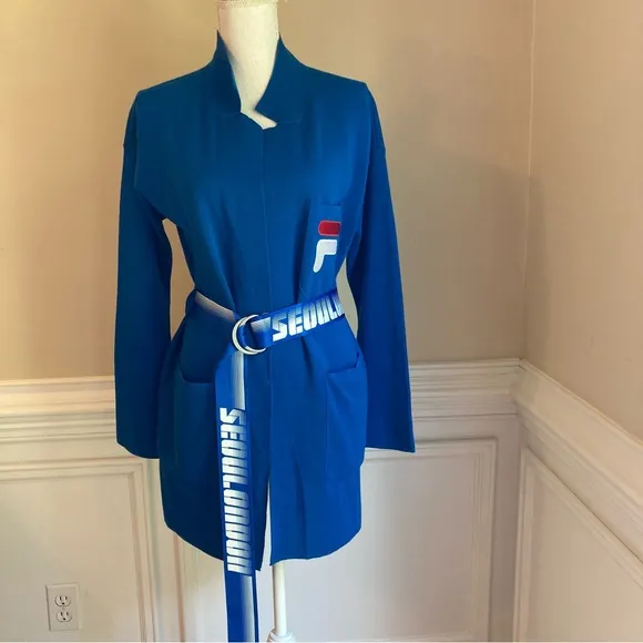 FILA D-ANTIDOTE Wool Blue Cardigan Soft Knit Blazer Seoul London Belt