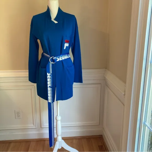 FILA D-ANTIDOTE Wool Blue Cardigan Soft Knit Blazer Seoul London Belt