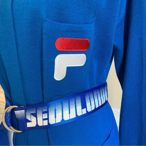 FILA D-ANTIDOTE Wool Blue Cardigan Soft Knit Blazer Seoul London Belt