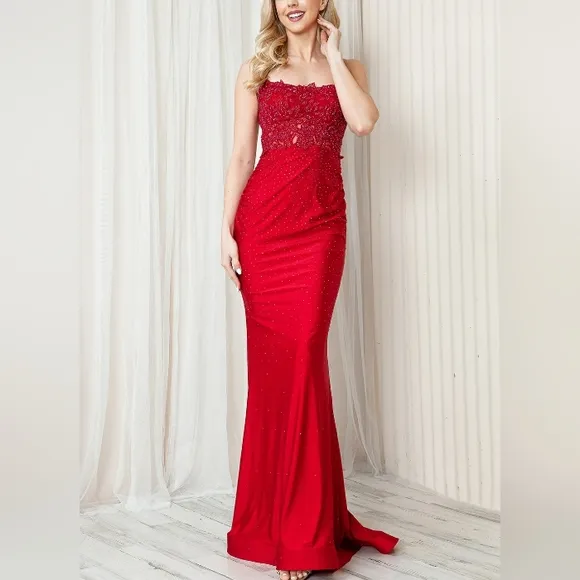 Fitted illusion lace appliqued beaded gown