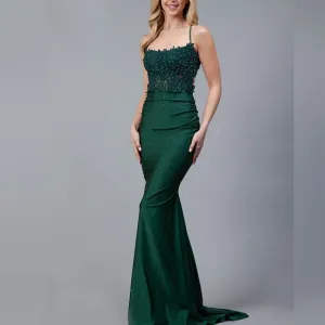 Fitted illusion lace appliqued beaded gown