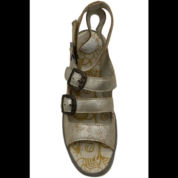 FLY London Leather Buckle Wedges Yorn Pearl - Medium