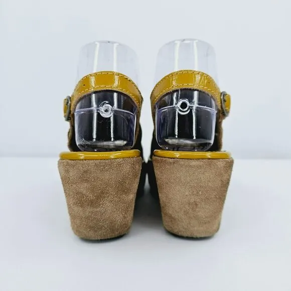 Fly London Pyle Wedges Pumps 36 5.5 Brown Suede Patent Mustard Peep Toe Buckles