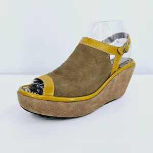 Fly London Pyle Wedges Pumps 36 5.5 Brown Suede Patent Mustard Peep Toe Buckles